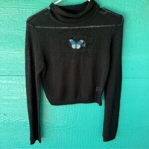 FAIRY CORE BLACK SOFT OPEN KNIT SWEATER WITH EMBROIDERED BUTTERFLY SZ MEDIUM NWT